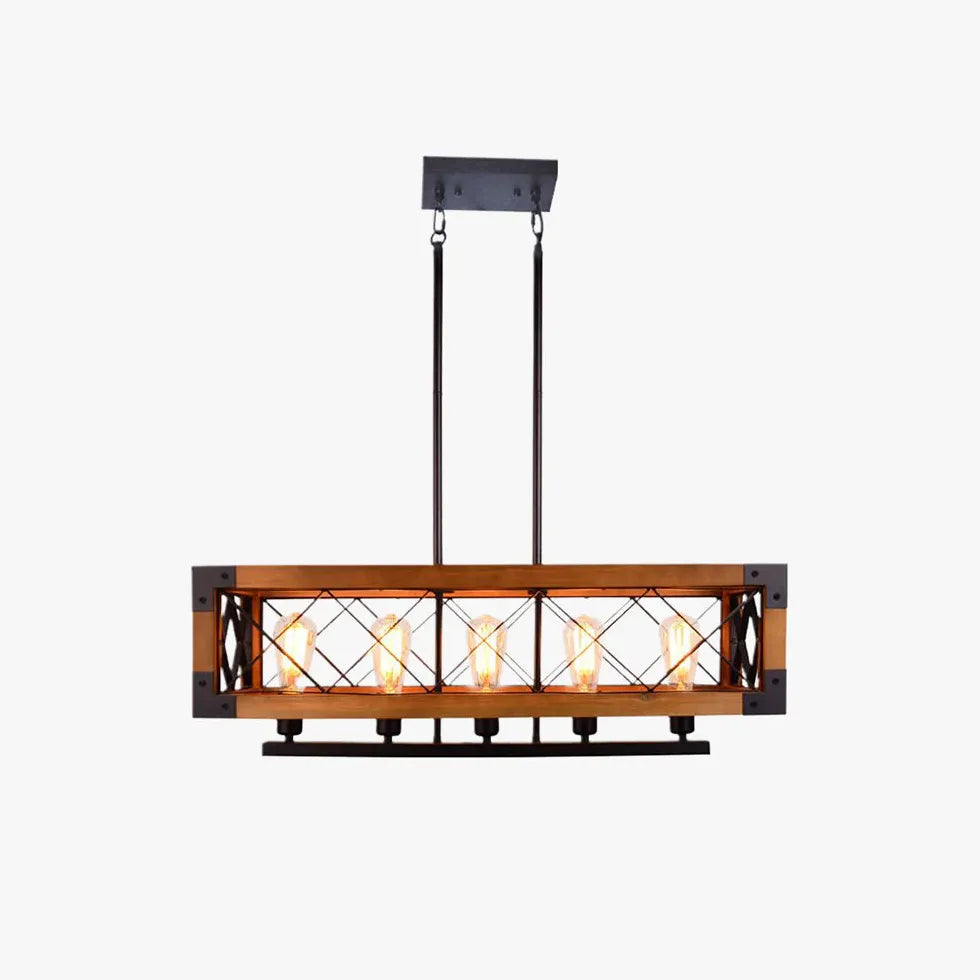 Rectangular Wooden Frame Metal Rod Dining Pendant Light