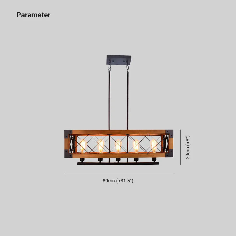 Rectangular Wooden Frame Metal Rod Dining Pendant Light