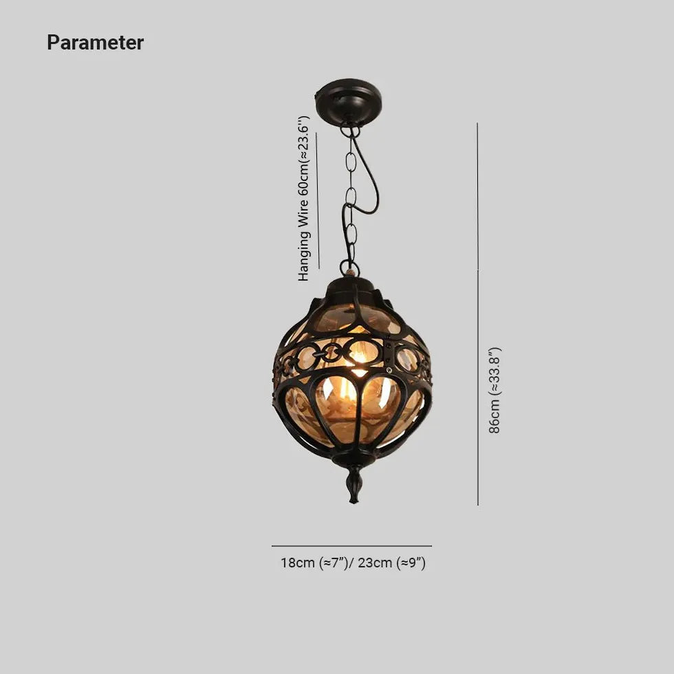 Spherical Carved Antique Copper Tone Pendant Light