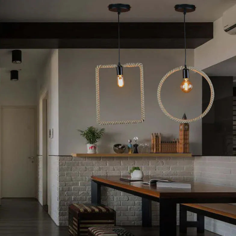 Rope Geometric Frame Black Industrial Pendant Light