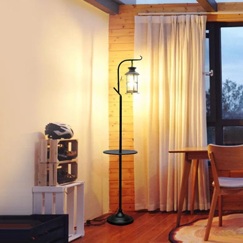 Black Lantern Style with Tray Floor Lamp