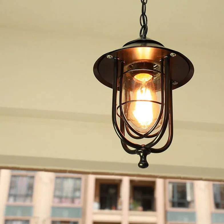 Lantern-Style Black Metal Industrial Pendant Light