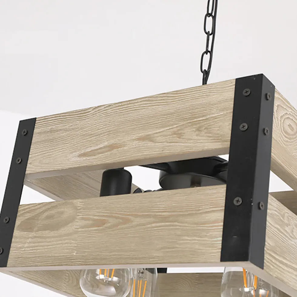 Cube-Shaped Wooden Frame Vintage Dining Pendant Light