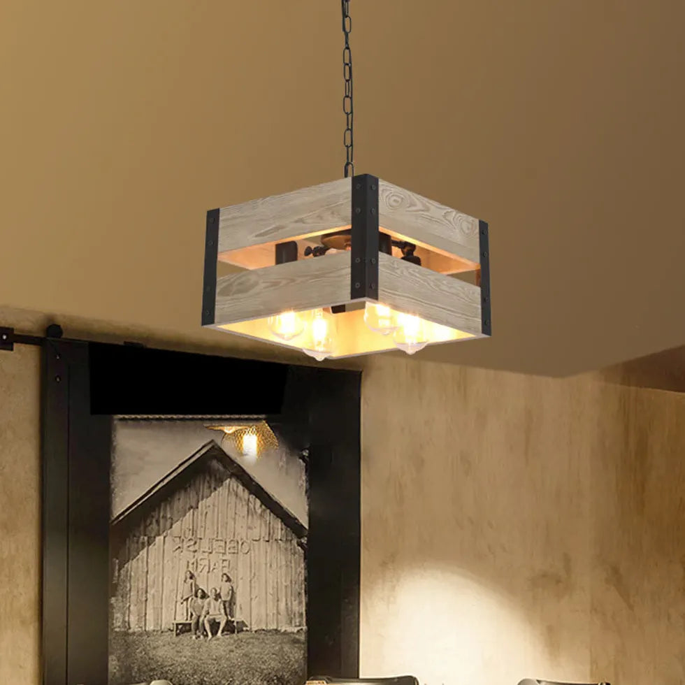 Cube-Shaped Wooden Frame Vintage Dining Pendant Light