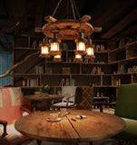 Wooden Wheel Shaped Multi-Light Industrial Chandelier