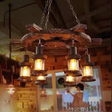 Wooden Wheel Shaped Multi-Light Industrial Chandelier