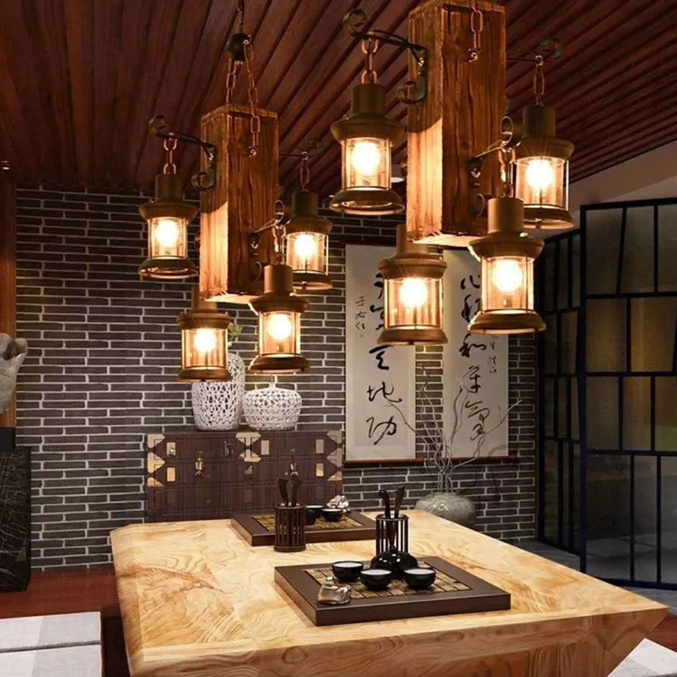 Multiple Lantern Wooden Vintage Pendant Light