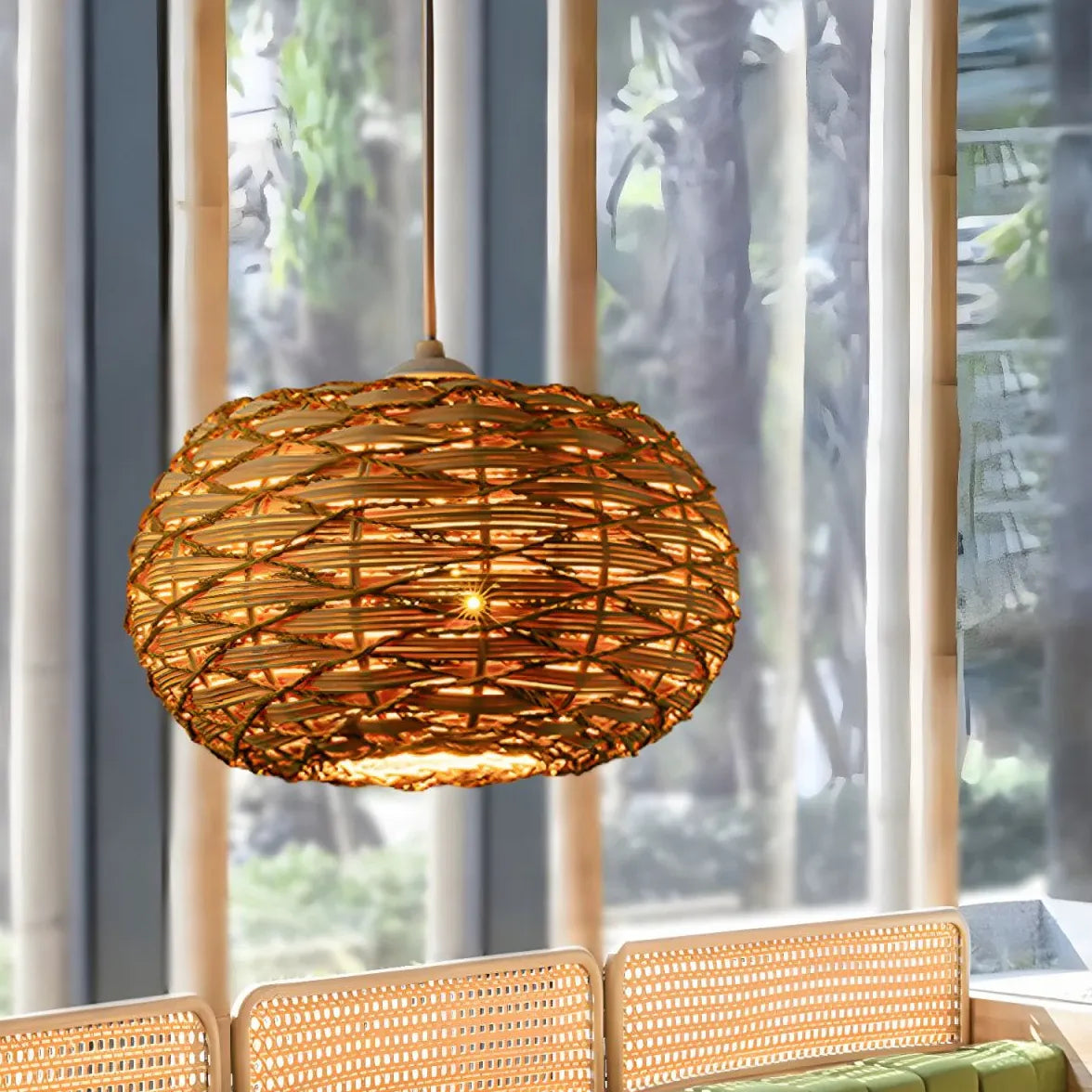 Rattan Woven Round Lampshade Vintage Pendant Light