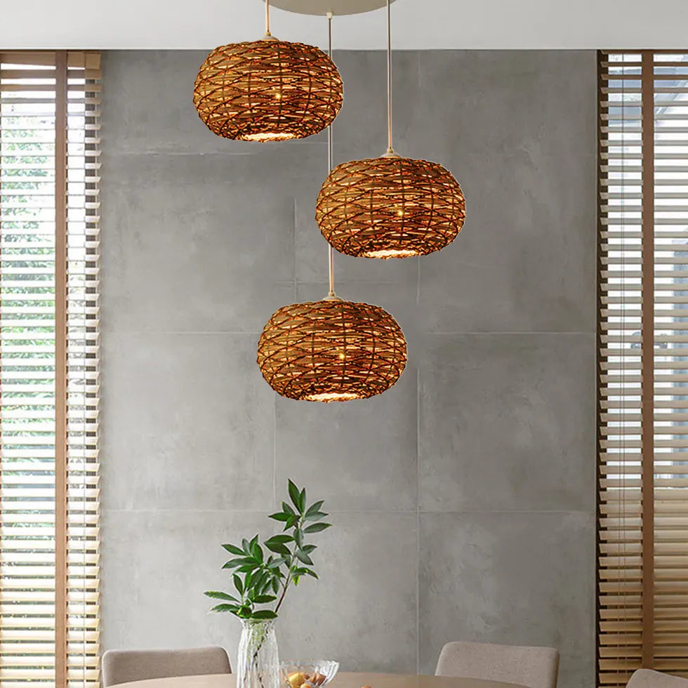 Rattan Woven Round Lampshade Vintage Pendant Light