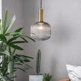 Vertical Striped Vintage Green Glass Pendant Light