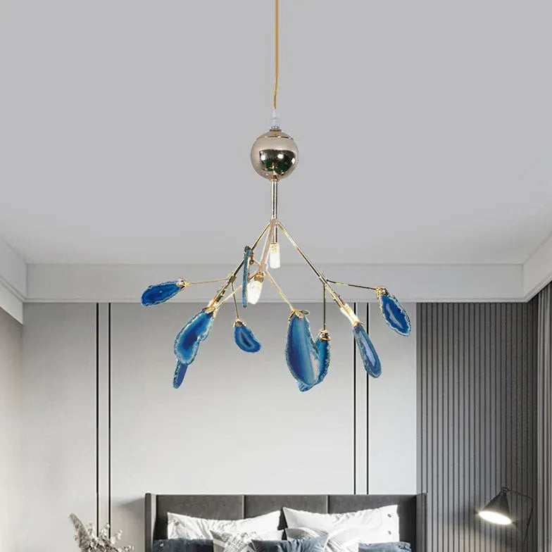 Blue Bedroom with Agate Decor Modern Chandelier