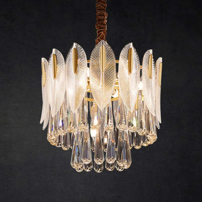 Crystal Leaf Adorned Golden Modern Chandelier