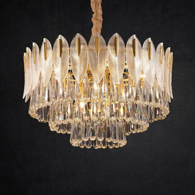 Crystal Leaf Adorned Golden Modern Chandelier