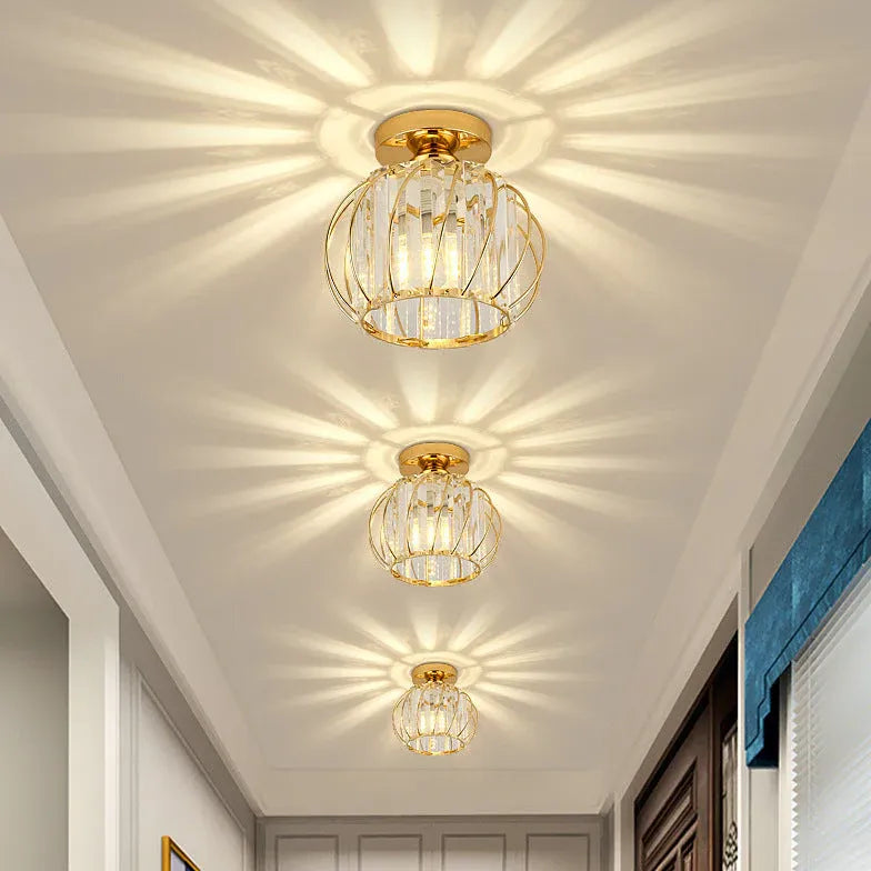 Lantern Iron Frame Crystal Flush Ceiling Lights