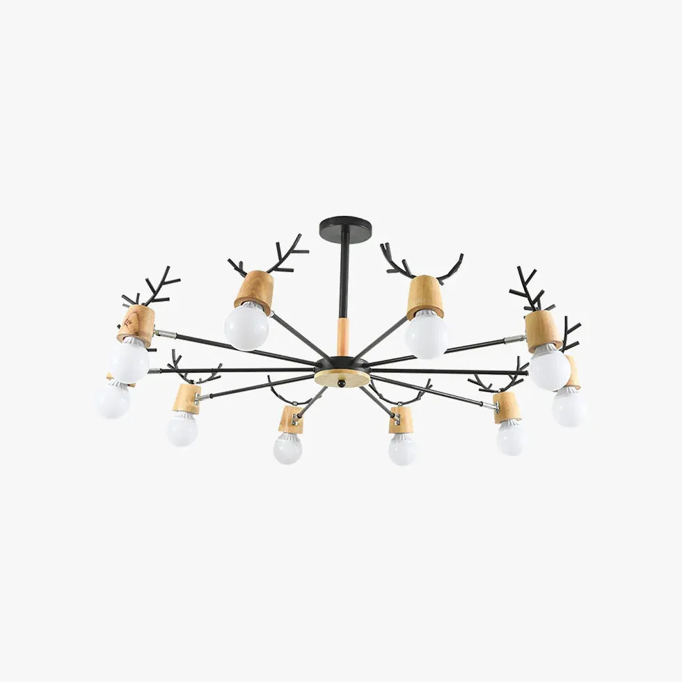 Multi-Armed Deer Head Wooden Chandelier