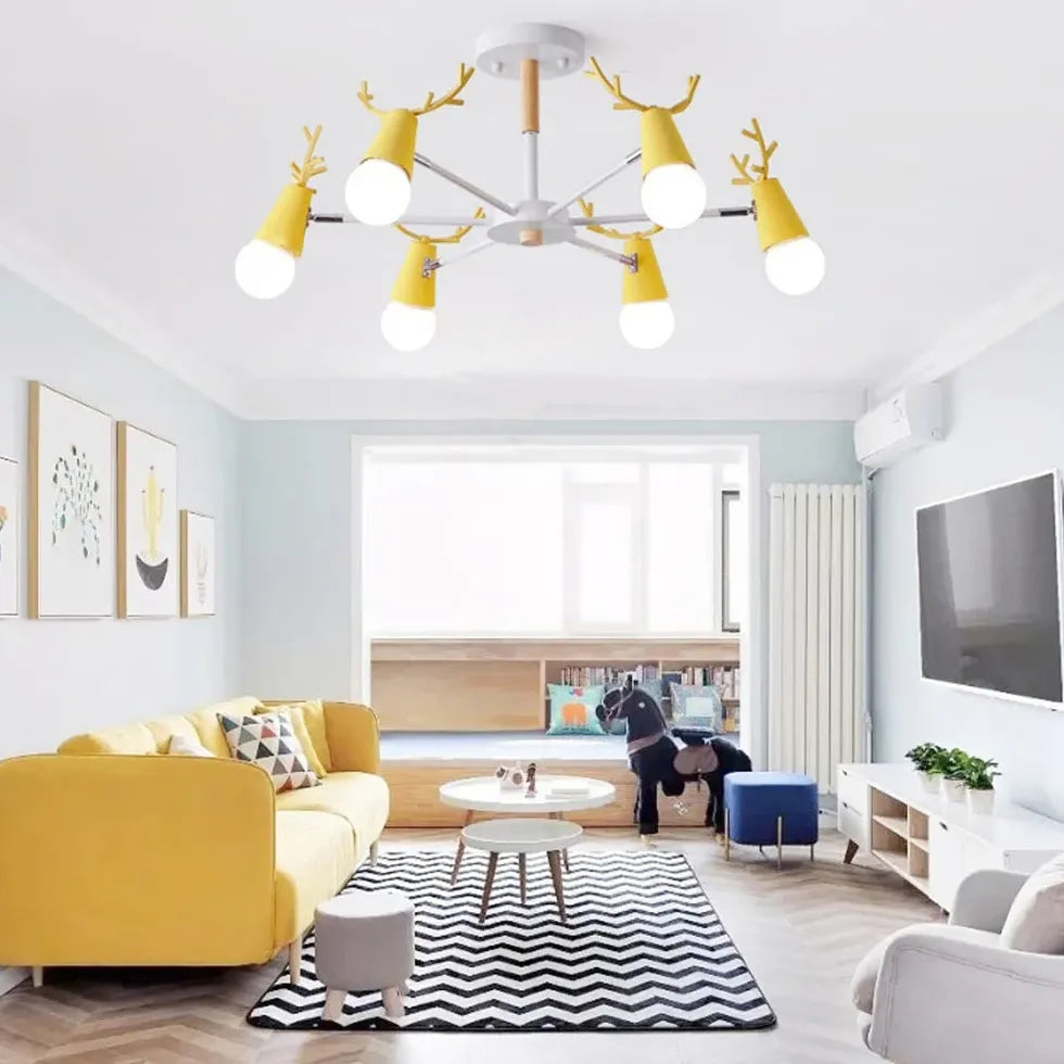 Multi-Armed Deer Head Wooden Chandelier