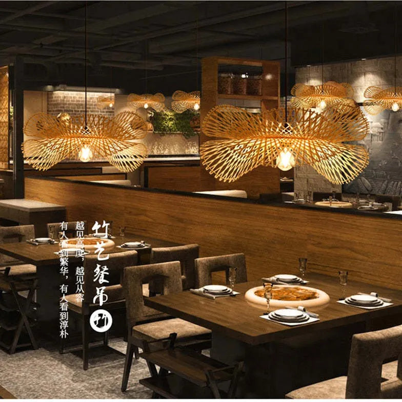 Natural Grid Restaurant Rattan Pendant Light