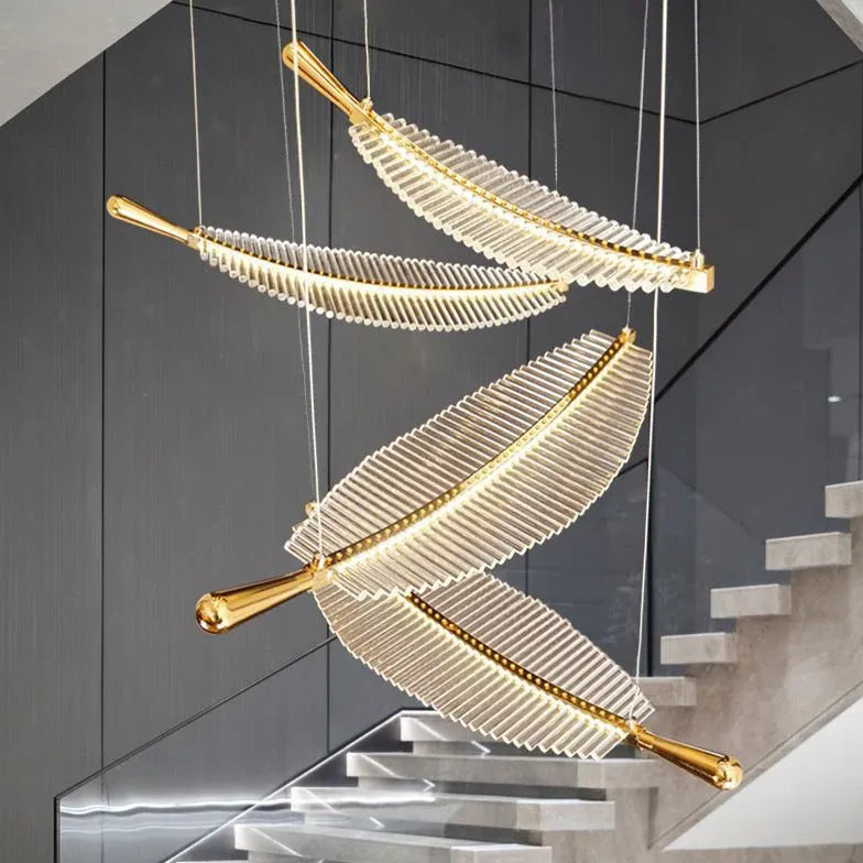 Feather Shaped Glass Gold LED Pendant Light