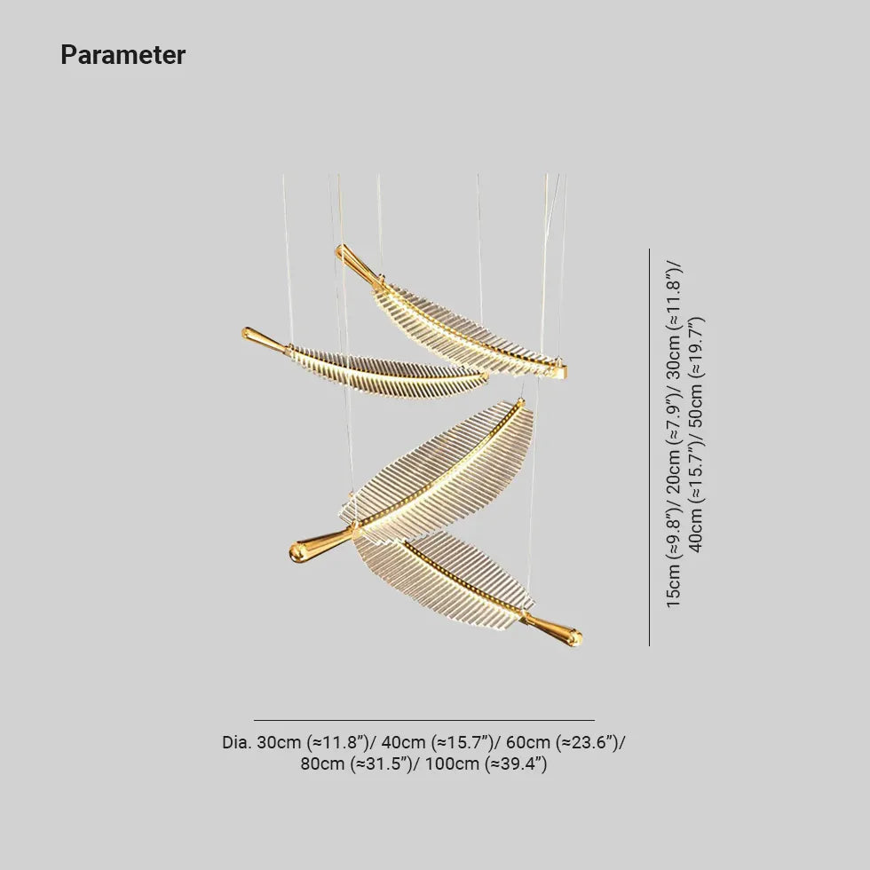 Feather Shaped Glass Gold LED Pendant Light