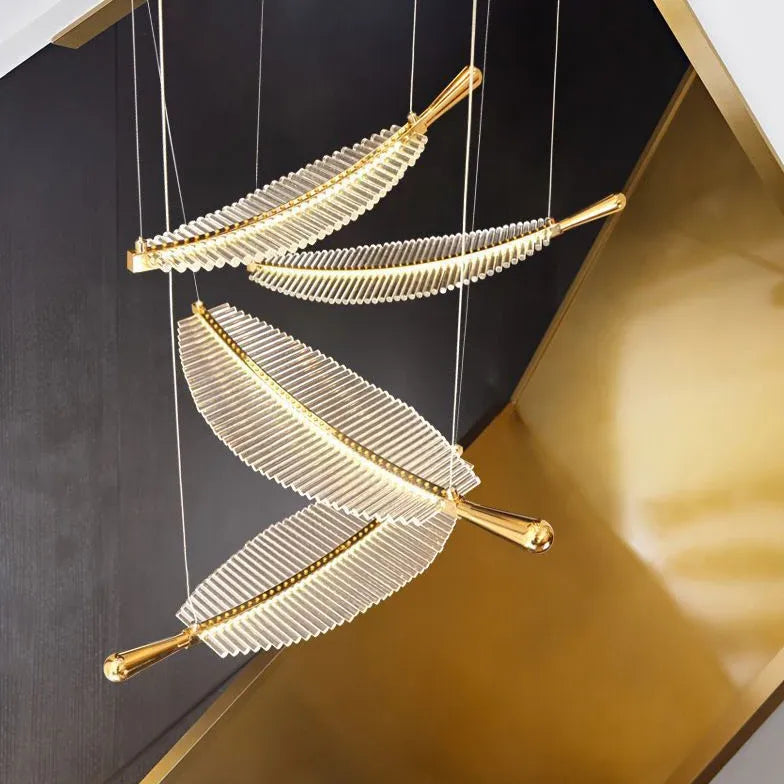 Feather Shaped Glass Gold LED Pendant Light