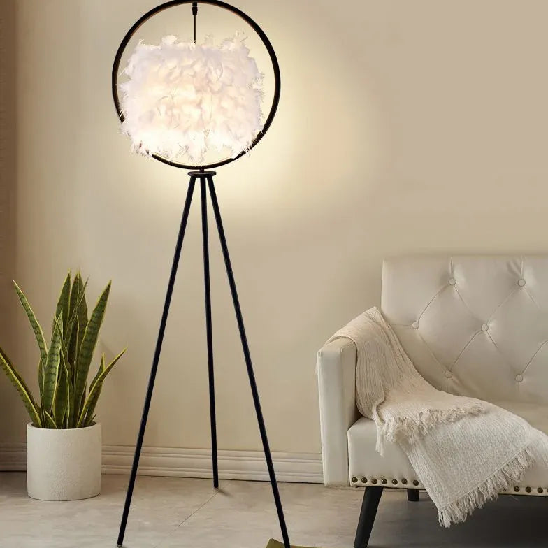 Black Circular Feather Tripod Floor Lamp