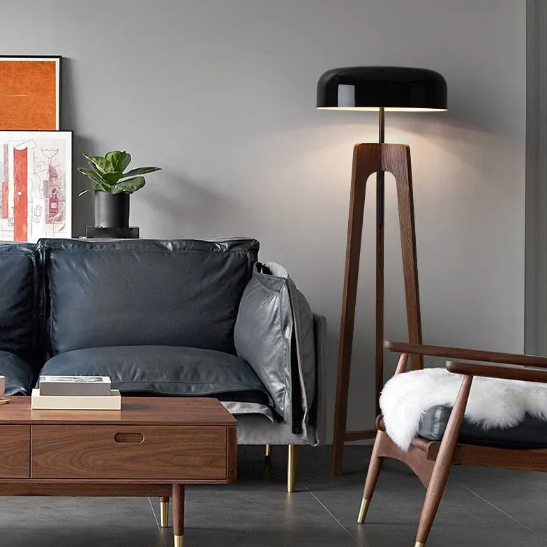 Black Round Wooden Tripod Floor Lamp