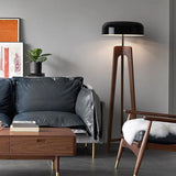 Black Round Wooden Tripod Floor Lamp