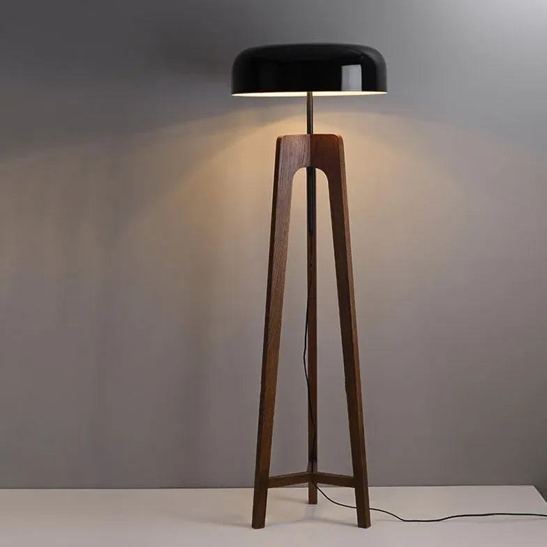 Black Round Wooden Tripod Floor Lamp