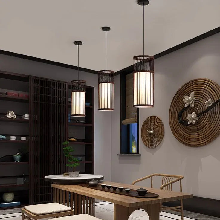 Hollowed Out Wood Rattan Dining Room Pendant Light