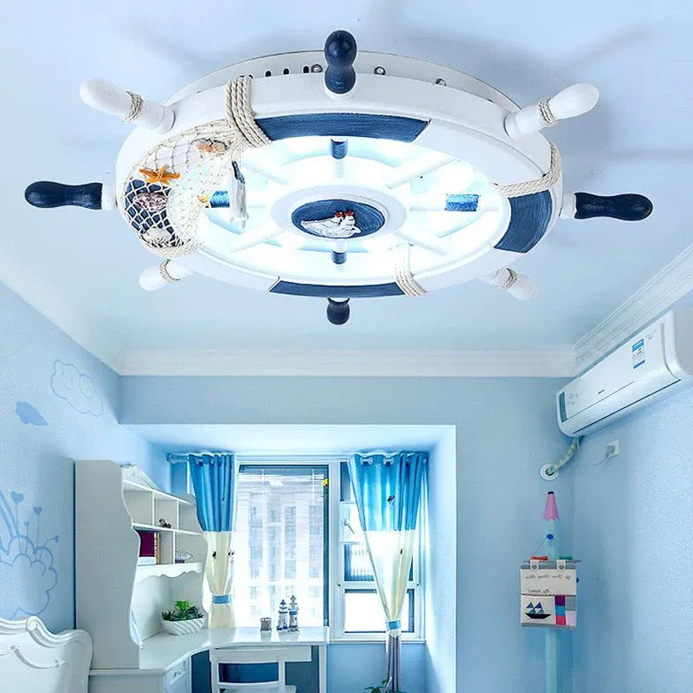 Ship Wheel-Shaped Blue and White Ceiling Light