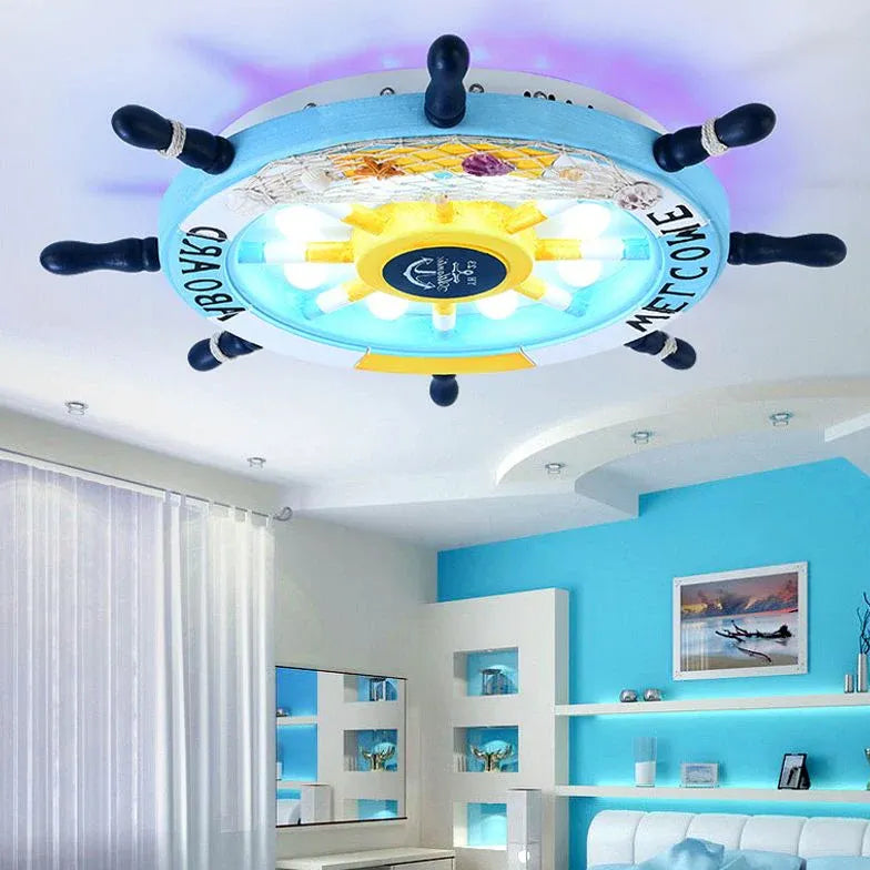 Ship Wheel-Shaped Blue and White Ceiling Light