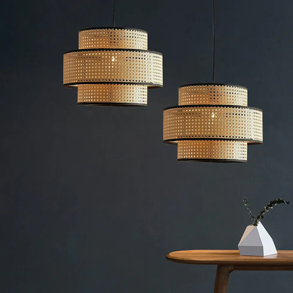 Rattan Double-Layer Cylindrical Pendant Light