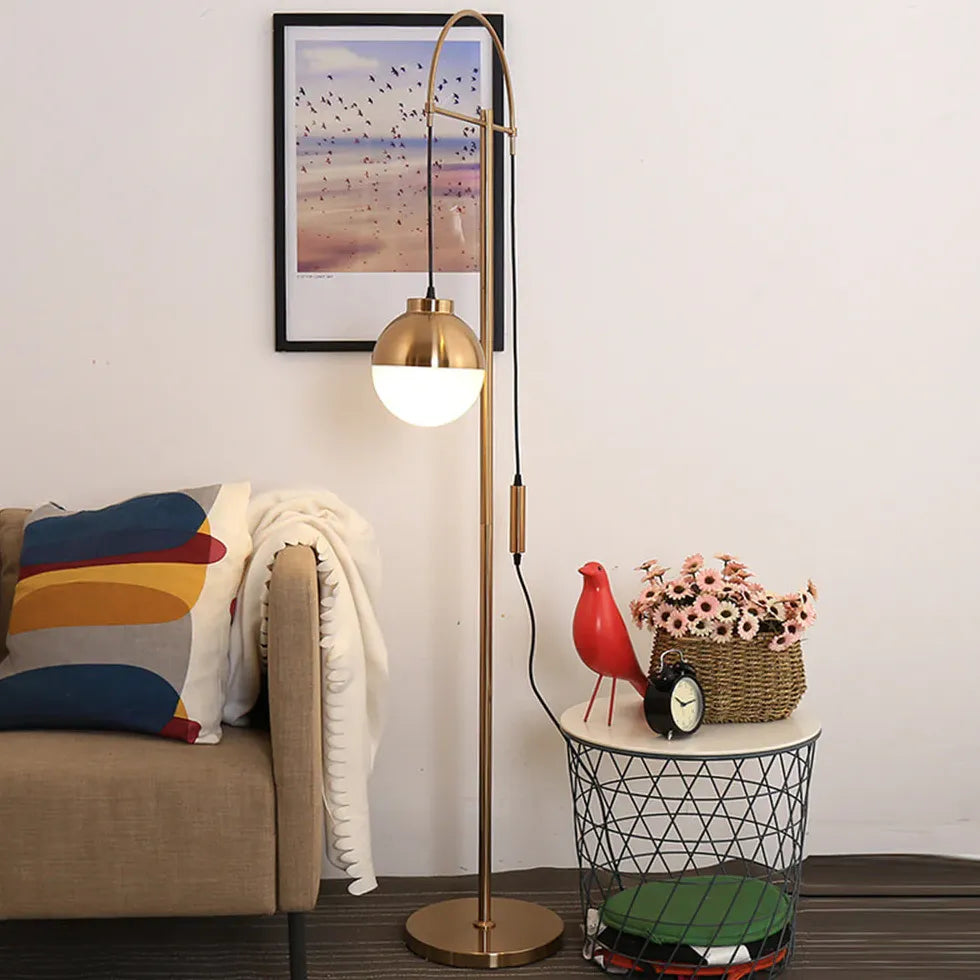 Gold Hanging Sphere Arched Floor Lamp