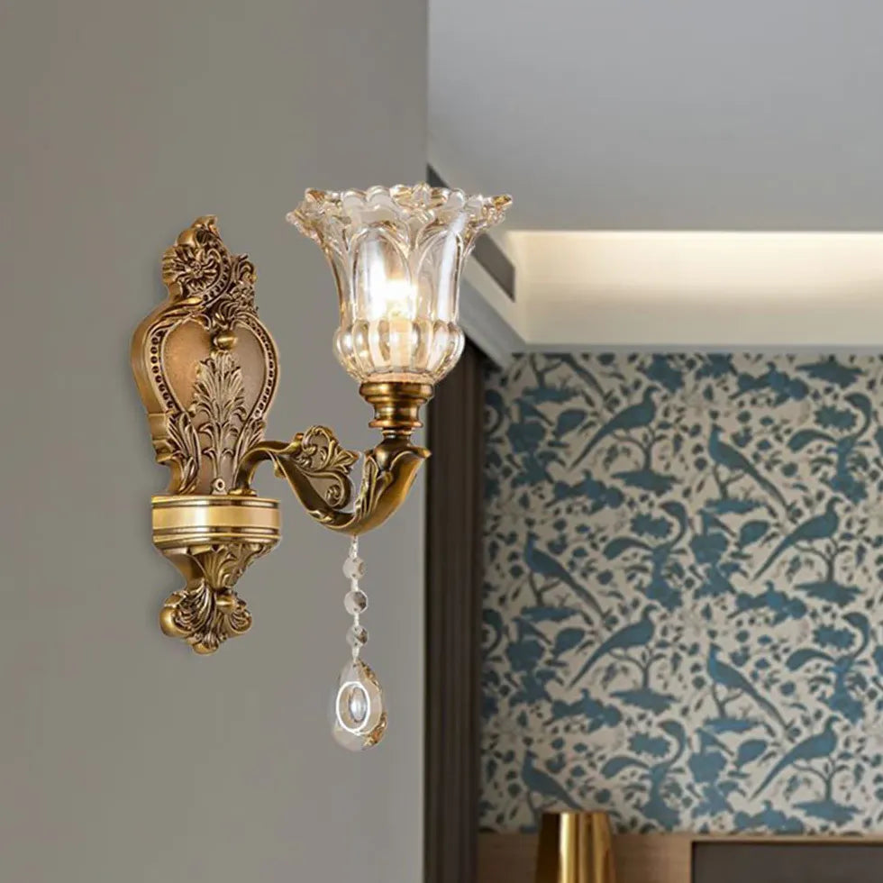 Carved flower Glass Brass Vintage Wall Lights